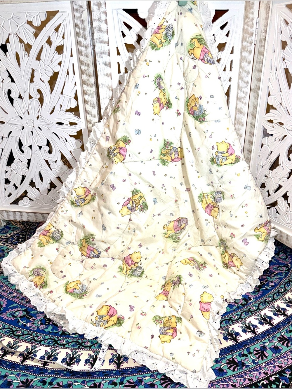 Disney Winnie the Pooh Cream Throw with Pastel Accents and Lace Trim
